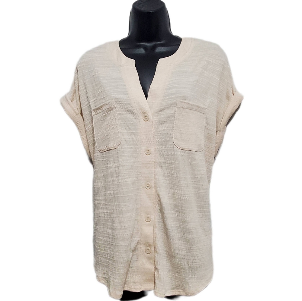 2/$30 cable & gauge Women's Crinkled Beige Short Sleeve Button-Down Shirt Sz XL